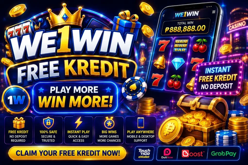 We1Win Free Kredit — play more win more, phone screen showing a slot game with total win 888,888, badge reading instant free kredit no deposit, and icons for no-deposit credit, security, instant play, big wins, and mobile support